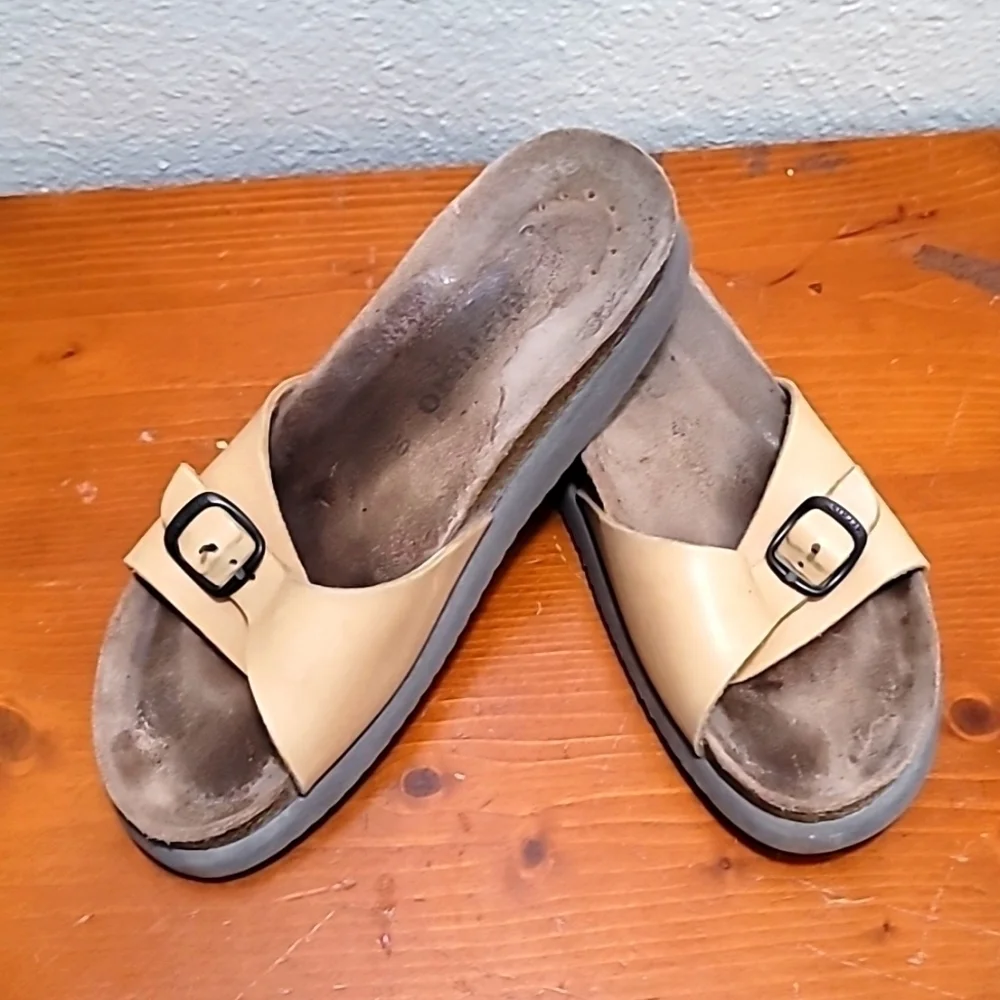 Mephisto Helen Cork Footbed Slide Sandals Womens‎ 40 Tan Leather Buckle Strap
